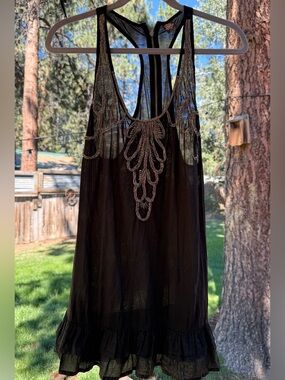 Vintage Free People Sheer Black Embroidered Tank